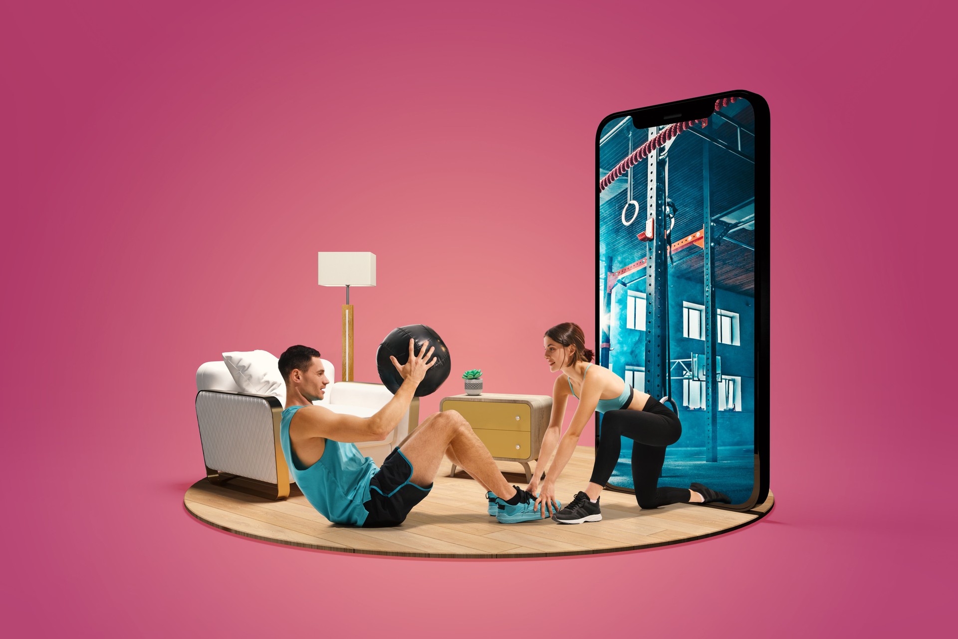 Home gym coaching. Man performing core exercise while woman provides support, guided by online trainer appearing through 3D model of smartphone. Composite image, collage
